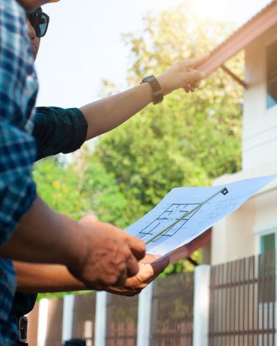 A roofer looking at a blueprint and house from the exterior